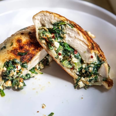Freshly baked Spinach and Feta Stuffed Chicken Breast served with roasted vegetables, showcasing a juicy and herb-filled interior.