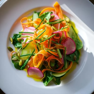 Close-up of a Spring Garden Salad with Radishes and Cucumber, showcasing bright pink radish rounds and cool cucumber slices nestled among tender greens.