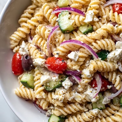 Creamy crumbled feta tops a bright Greek pasta salad with ripe cherry tomatoes and cucumbers
