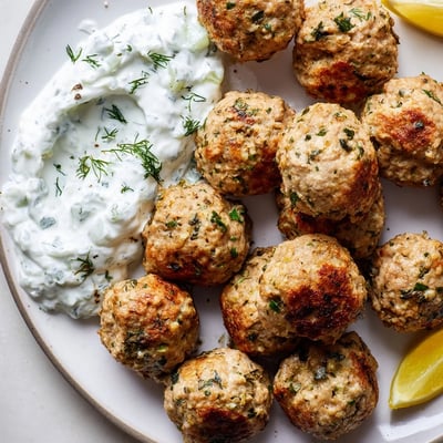 Juicy herb-crusted Greek turkey meatballs nestled beside cool cucumber tzatziki sauce with lemon wedges