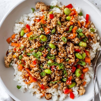 Colorful ground turkey rice bowls with bell peppers edamame and shredded carrots