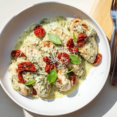 Golden seared Marry Me Chicken Pesto smothered in bubbling Parmesan pesto cream sauce